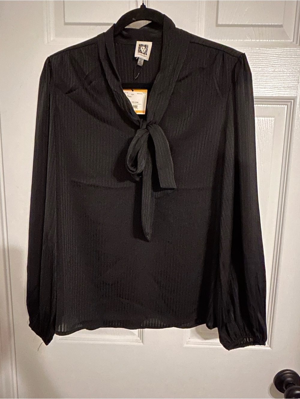Anne Klein Black Woven Polyester Tie-Neck V-Neck Long Sleeve Blouse Size S